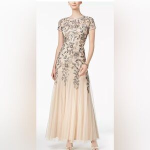 Adrianna Papell Cream Cap Sleeve Godet Fit and Flare Maxi Gown.